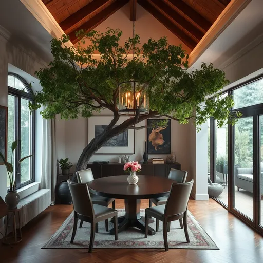 Prompt: a tree in the corner of a dining room grows to the ceiling creating a canopy over the dining table

