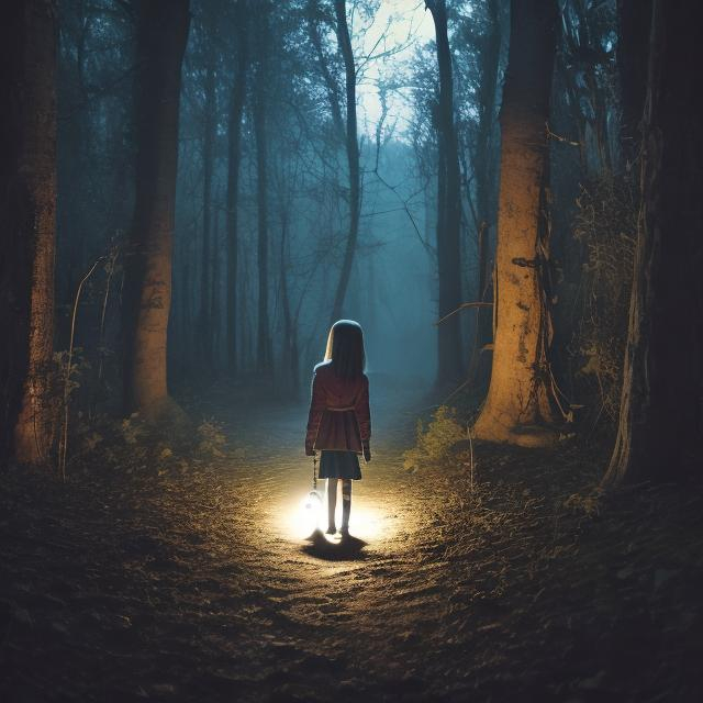 Prompt: A young girl holds a flashlight on a long dark path. The flashlight is illuminating her way.
