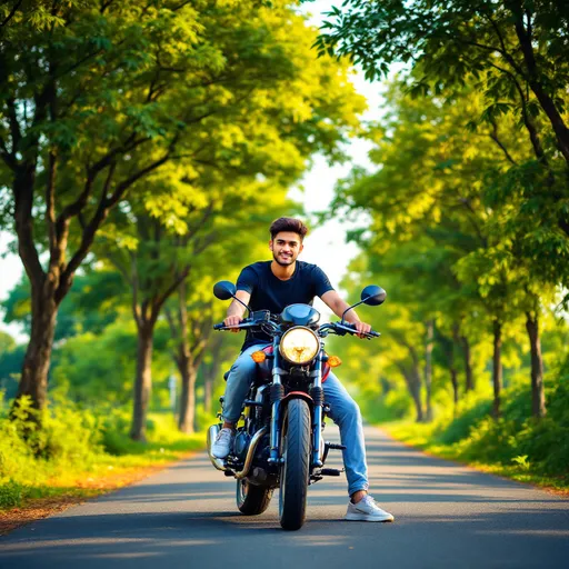 Prompt: A young man confidently sits on a sleek motorcycle, his relaxed posture conveying a sense of freedom and adventure. The scene unfolds in a lush, green outdoor setting with tall trees encircling a winding path, illuminated by warm, golden sunlight that casts gentle shadows on the ground. Dressed casually in a black T-shirt and light blue pants, he appears at ease, with one foot resting on the bike while his hands grip the handlebars. The vibrant green leaves overhead contrast beautifully with the clear blue sky, while the asphalt road stretches invitingly ahead, suggesting a thrilling journey just waiting to begin. The overall mood captures the essence of youthful spontaneity, blending the thrill of riding with the serenity of nature.
