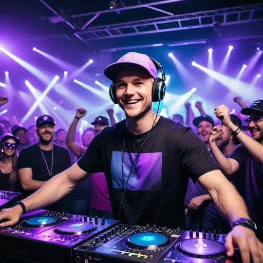 Prompt: Smiling white man in purple backwards cap, black t-shirt, purple headphones, DJ mixer booth, large speakers, cheering crowd, blue and purple strobe lights, high energy, professional, detailed, vibrant colors, concert atmosphere, electronic music, intense crowd interaction, 4k quality, vibrant colors, dynamic lighting