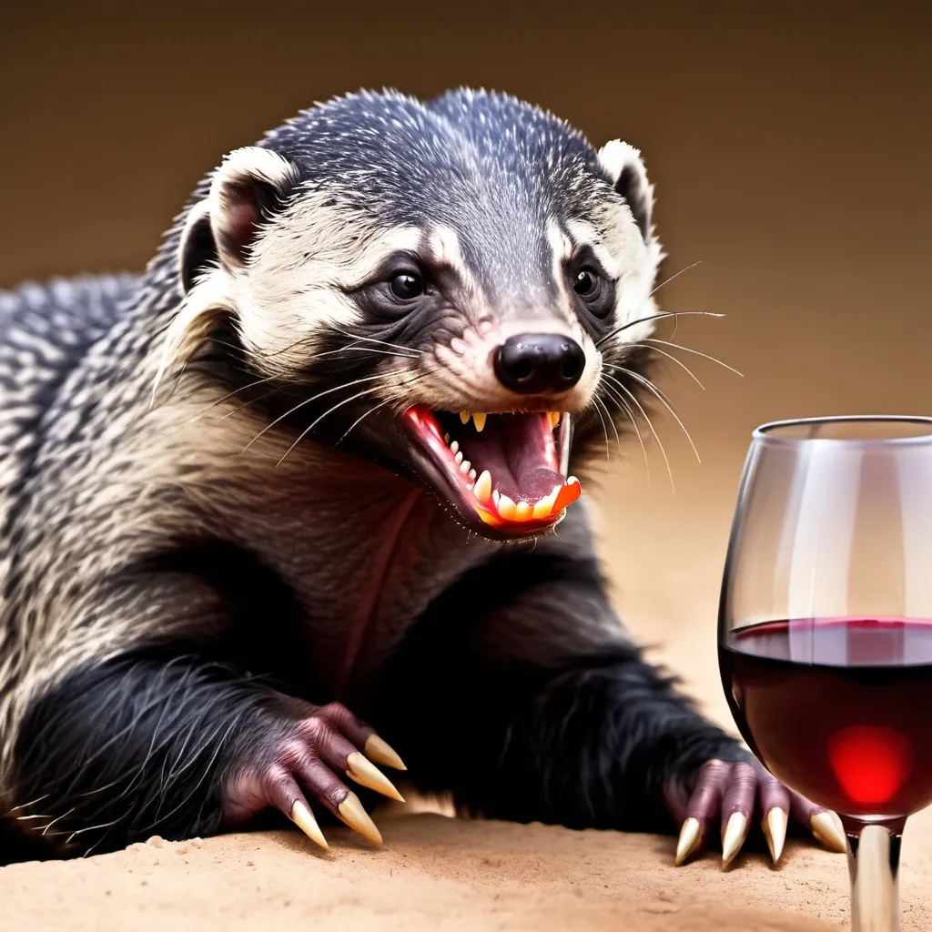 Prompt: A honey badger drinking red wine