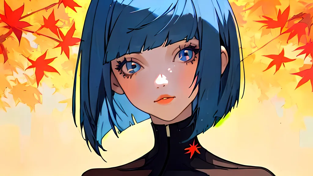 Prompt: autumn, girl, portrait, blue hair, bob haircut