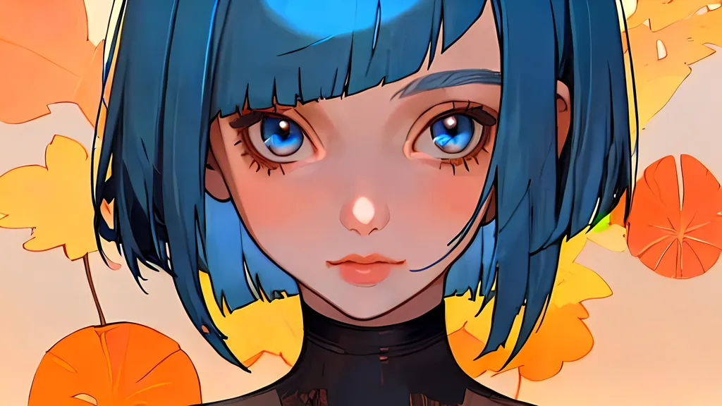 Prompt: autumn, girl, portrait, blue hair, bob haircut