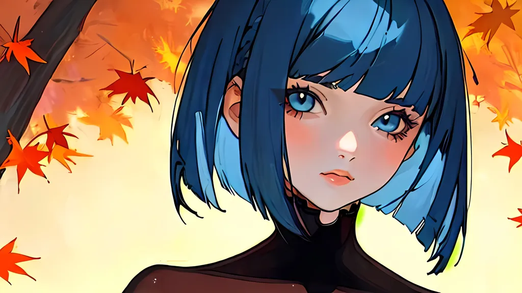 Prompt: autumn, girl, portrait, blue hair, bob haircut