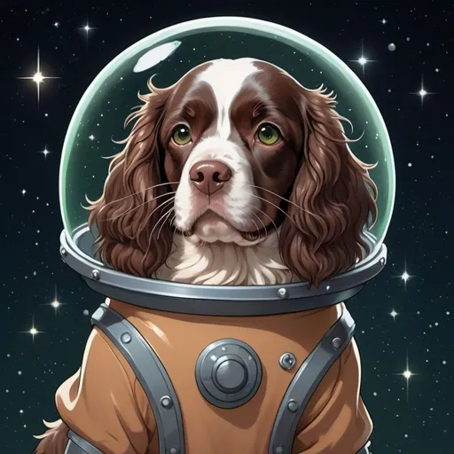 Prompt: A Studio Ghibli-style illustration, even more kawaii than before, of a very dark brown springer spaniel with the perfect markings you described, with more brown fur around the nose and a thicker, hairier neck. The spaniel gleams with a loving aura and floats in space, reminiscent of My Neighbor Totoro. It wears a full-body space suit with a transparent helmet, revealing the sweetest and most kawaii expression on its face. Its realistic green eyes, with a very prominent green tint, sparkle with determination. Spiky, windblown fur with a hint of cosmic stardust adorns its head and tail. A flowing cape or scarf with a cosmic pattern billows around the spaniel, adding a dramatic flair.]