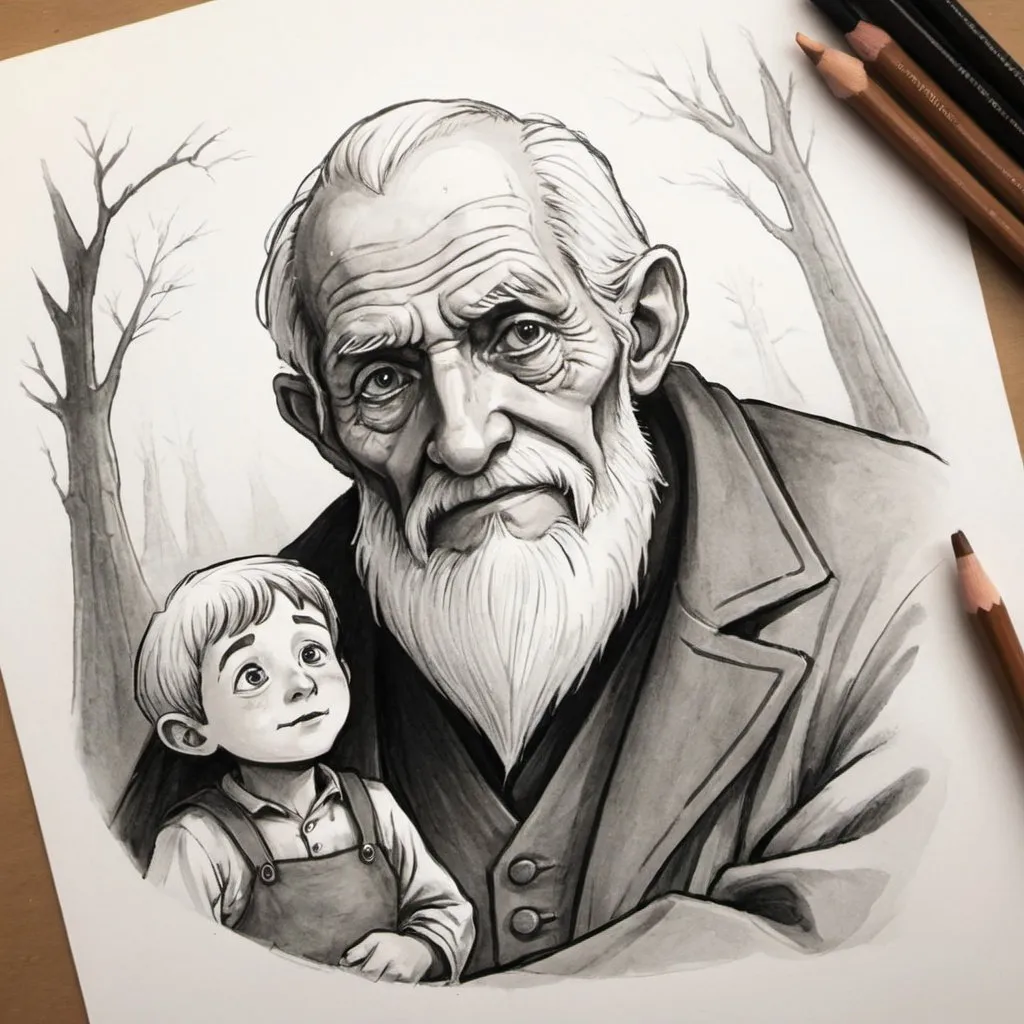 Prompt: Draw the old man and his grandson from the grimm fairytale