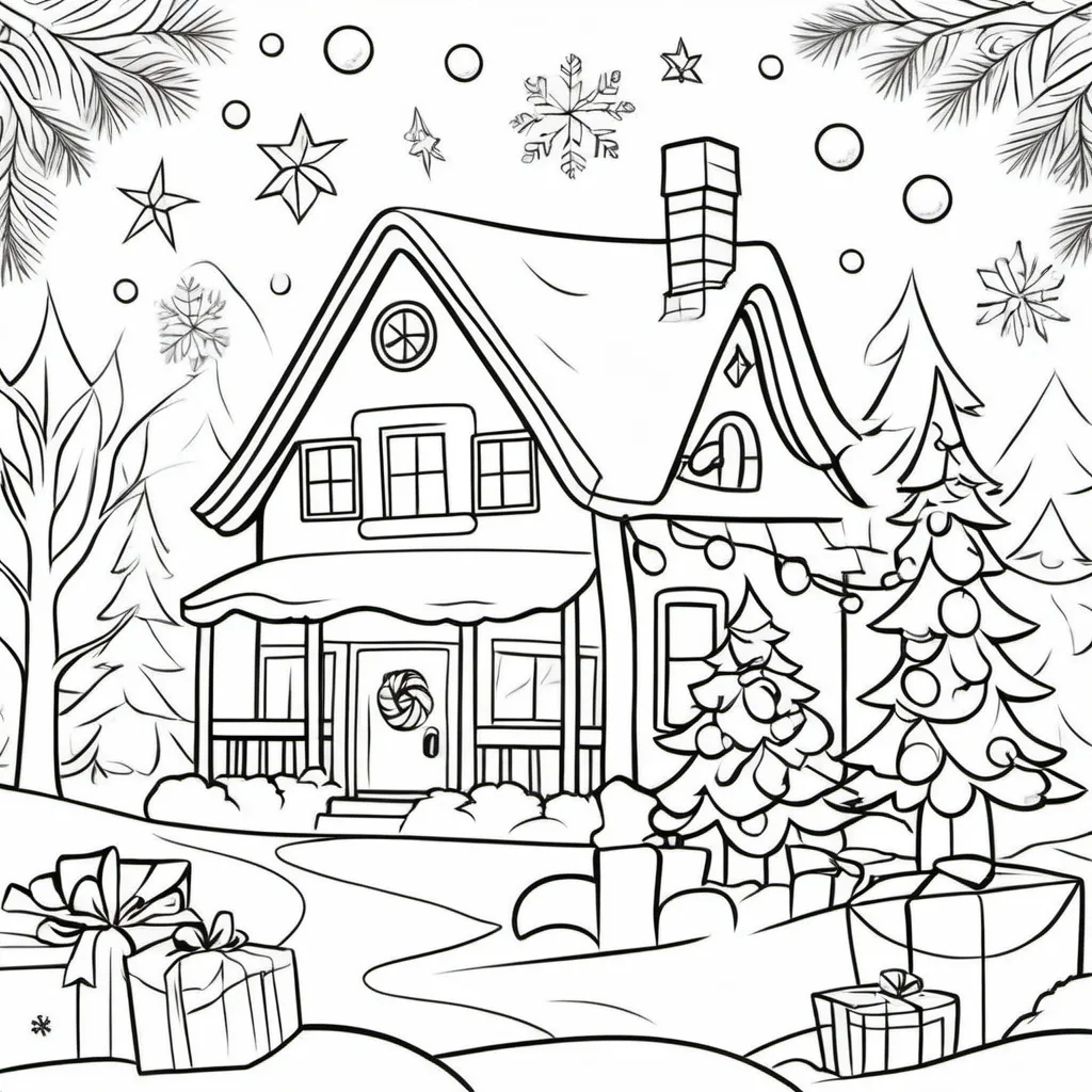 Prompt: Create a series of simple, cheerful holiday-themed illustrations perfect for a children’s coloring book. Each page should feature bold, easy-to-color outlines and charming scenes. Focus on fun, festive elements that capture the holiday spirit. The designs should be uncomplicated and engaging for young kids. Include