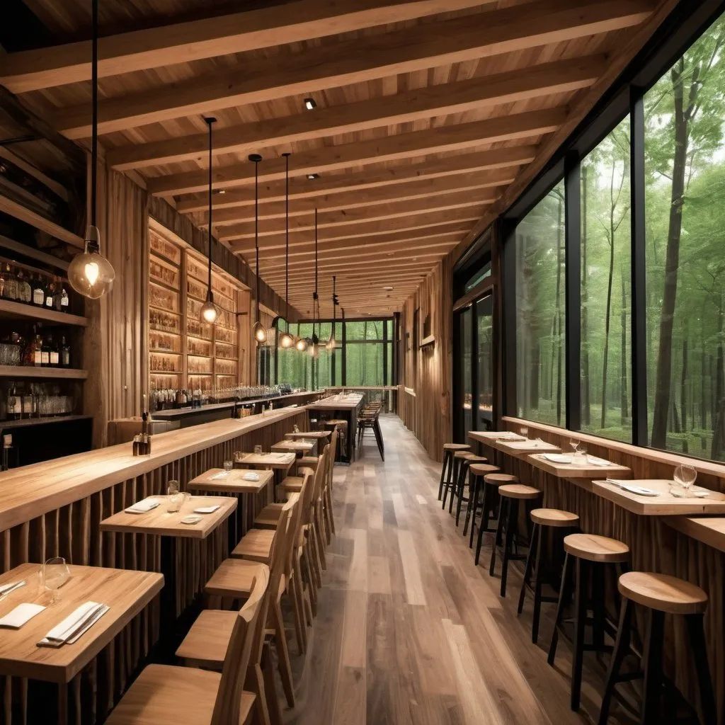 Prompt: Design a getaway restaurant and bar
 in the woods made of wooden materials 