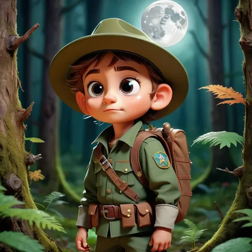 Prompt: kids 5 years old ranger in a mystical forest around moon