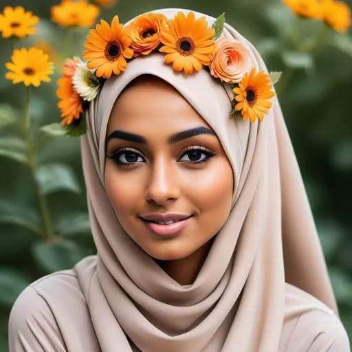 Prompt: create a hijabi tan skin women with flower on head