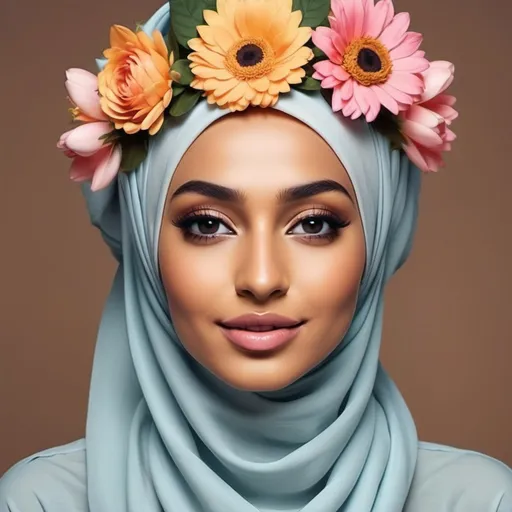 Prompt: create a hijabi tan skin women with flower on head