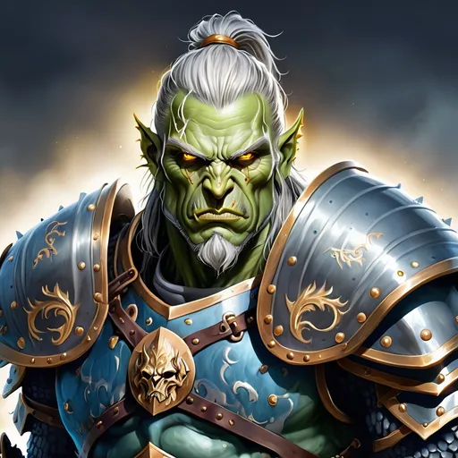 Prompt: a Green skinned Seasoned orc warrior knight, with glowing golden eyes, very muscular with tusks, grey hair tied back, in silvery-blue mithril armour. portrait
