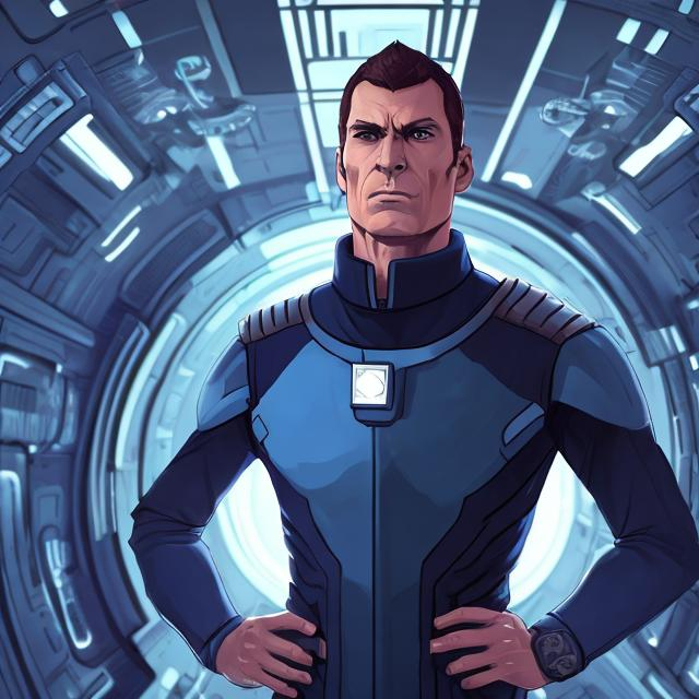 Prompt: Generate an artwork of a male sci-fi captain in a front-facing stance, standing in a spaceship hallway. The captain is wearing a dark blue suit, and the scene should exude a sci-fi atmosphere. Ensure that the character's face is prominently featured in the front view."