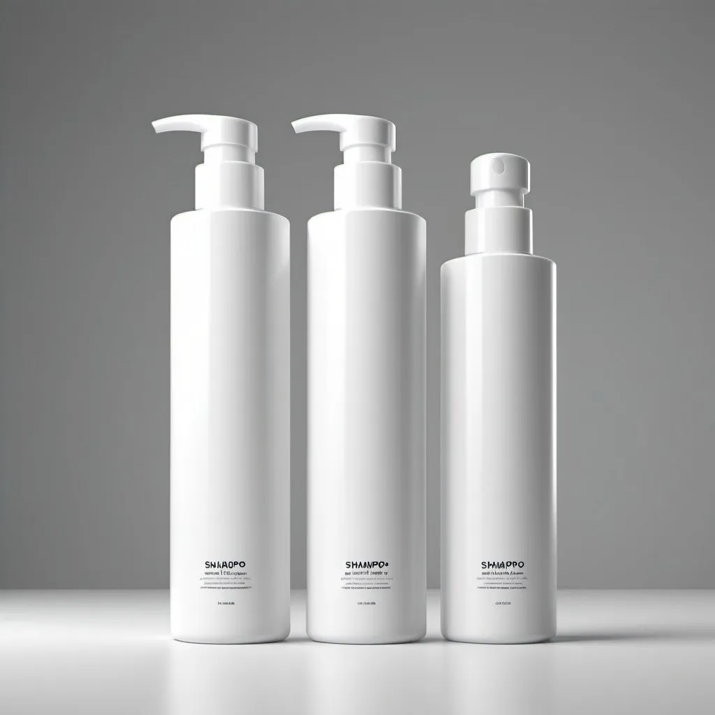 Prompt: Two identical shampoo bottles, one smaller like a gift, clean and modern 3D rendering, bright and minimalist, high quality, 3D rendering, clean design, modern, bright lighting