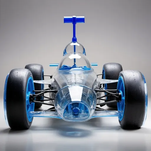 Prompt: a racecar that is like a water bottle: clear and full of water with blue wheels.