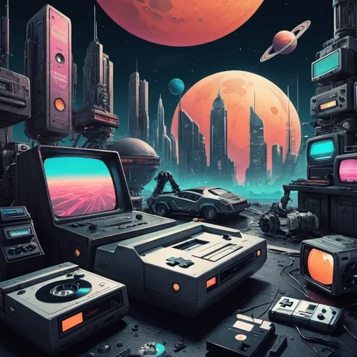 Prompt: / imagine promt 
Blend retro elements like cassette tapes, vinyl records, and old-school game consoles with futuristic themes like space exploration, robots, or cyberpunk cityscapes.