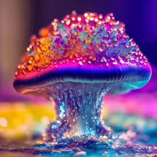 Prompt: A crystal mushroom, covered with colorful glossy water