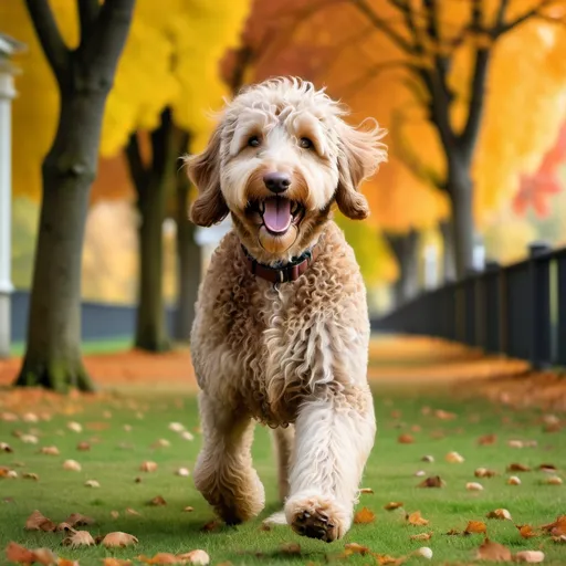 Prompt: playing labradoodle on grass, background autumn, trees and leaves in nice col