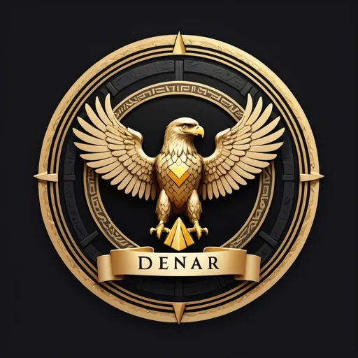 Prompt: Create a logo for a cryptocurrency called "DeNaR". The logo should have a classic coin design with a Roman eagle holding a ribbon with the text "DeNaR". The color scheme should be gold and black. In the background, there should be subtle symbols representing blockchain and internet connections.
