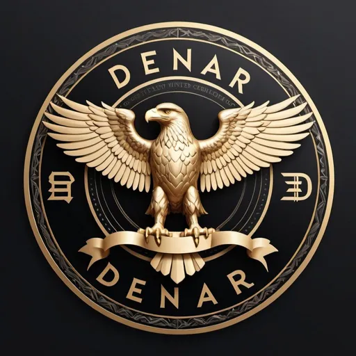 Prompt: Create a logo for the "DeNaR" cryptocurrency. The design should feature a classic coin with a Roman eagle holding a ribbon that clearly says "DeNaR" in gold, exactly as written. Use gold for the eagle and ribbon, and black for the background and the coin's border. Include subtle blockchain network symbols in the background. Please make sure the text "DeNaR" is prominent and clearly legible.
