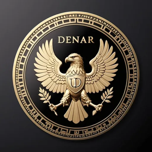 Prompt: Create a logo for the "DeNaR" cryptocurrency. The design should feature a classic coin with a Roman eagle holding a ribbon. At the top of the coin, include the text "DeNaR" in gold, and at the bottom, include the text "DENAR COIN" in gold. Use black for the background and the coin's border. Include subtle blockchain network symbols in the background. Ensure both the "DeNaR" and "DENAR COIN" texts are prominent and clearly legible.
