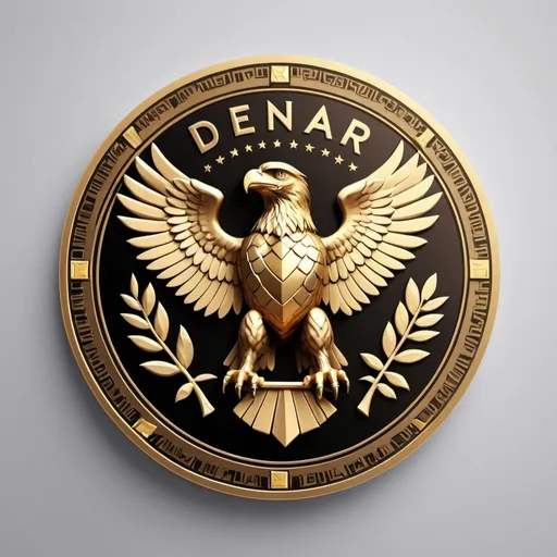 Prompt: Create a logo for the "DeNaR" cryptocurrency. The design should feature a classic coin with a Roman eagle holding a ribbon that clearly says "DeNaR" in gold, exactly as written. Use gold for the eagle and ribbon, and black for the background and the coin's border. Include subtle blockchain network symbols in the background. Please make sure the text "DeNaR" is prominent and clearly legible. Output the image as a PNG file with dimensions 256x256 pixels.
