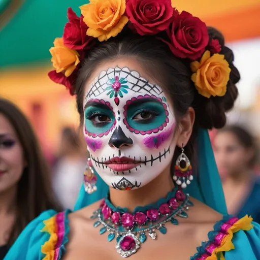 Prompt: Close-up of a Mexican woman, her face painted with elaborate sugar skull makeup, vivid colors contrasting against her skin, the celebration atmosphere palpable with music and festivities in the background, Photography, Canon R5 with 50mm prime lens, high detailed
