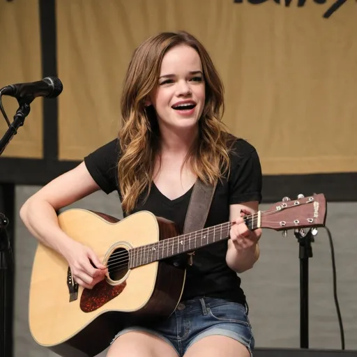 Prompt: Danielle Panabaker singing in concert sitting down strumming her acoustic guitar and wearing short shorts