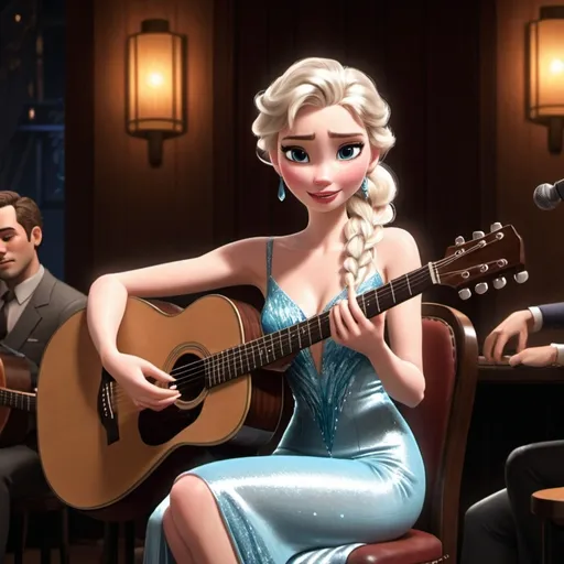 Prompt: (Elsa) singing in a jazz club, sitting down, strumming her acoustic guitar, wearing a (sophisticated, thigh-high slit dress), 