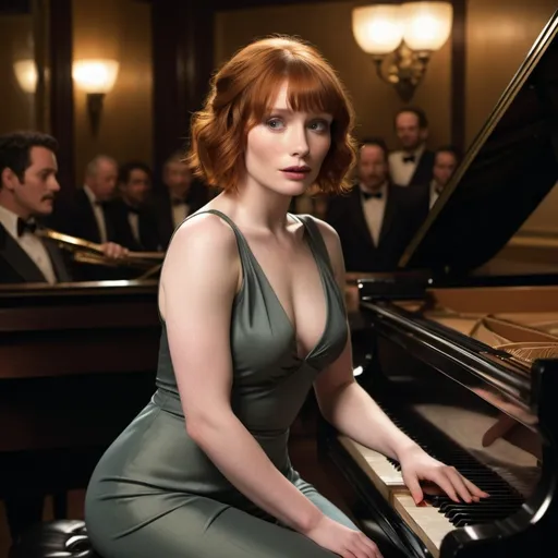 Prompt: Young Bryce Dallas Howard (elegant character), singing passionately, dressed in a (slit to the thigh and waist dress), lounging gracefully atop a grand piano, dramatic (jazz club ambiance),