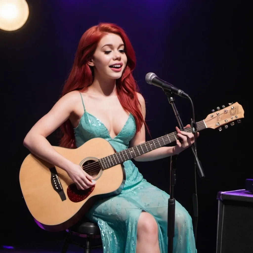 Prompt: Ariel singing in concert sitting down strumming her acoustic guitar and wearing a slit to the thigh dress.