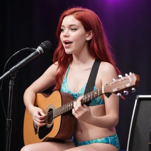 Prompt: Ariel singing in concert sitting down wearing swimsuit one hand holding microphone while other hand is holding her acoustic guitar.