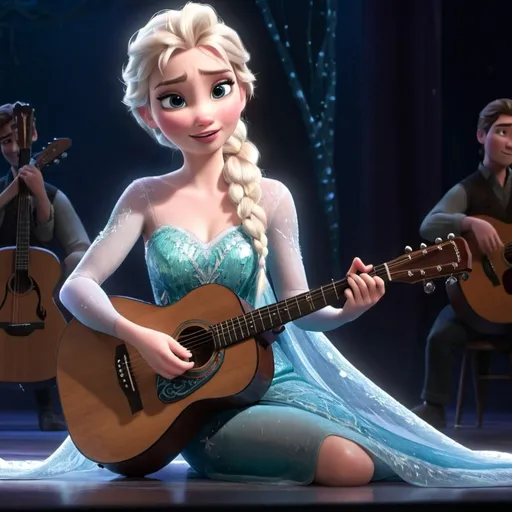 Prompt: Elsa from Frozen singing in concert sitting down strumming her acoustic guitar and wearing a slit to the thigh dress.