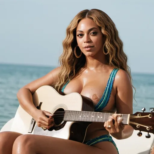 Prompt: Beyonce sitting down strumming her acoustic guitar wearing swimsuit sitting down.