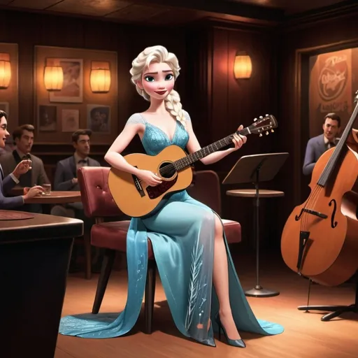 Prompt: (Elsa) singing in a jazz club, sitting down, strumming her acoustic guitar, wearing a (sophisticated, thigh-high slit dress), 