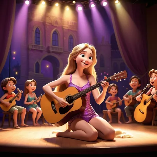 Prompt: Rapunzel (accurately spelled text "Rapunzel"), singing in concert, seated position, wearing a colorful swimsuit, one hand holding a microphone, the other cradling an acoustic guitar, vibrant stage lights illuminating the scene, warm ambiance with a cheerful atmosphere, audience silhouettes in the background, ultra-detailed, high-quality rendering, inviting and whimsical mood.