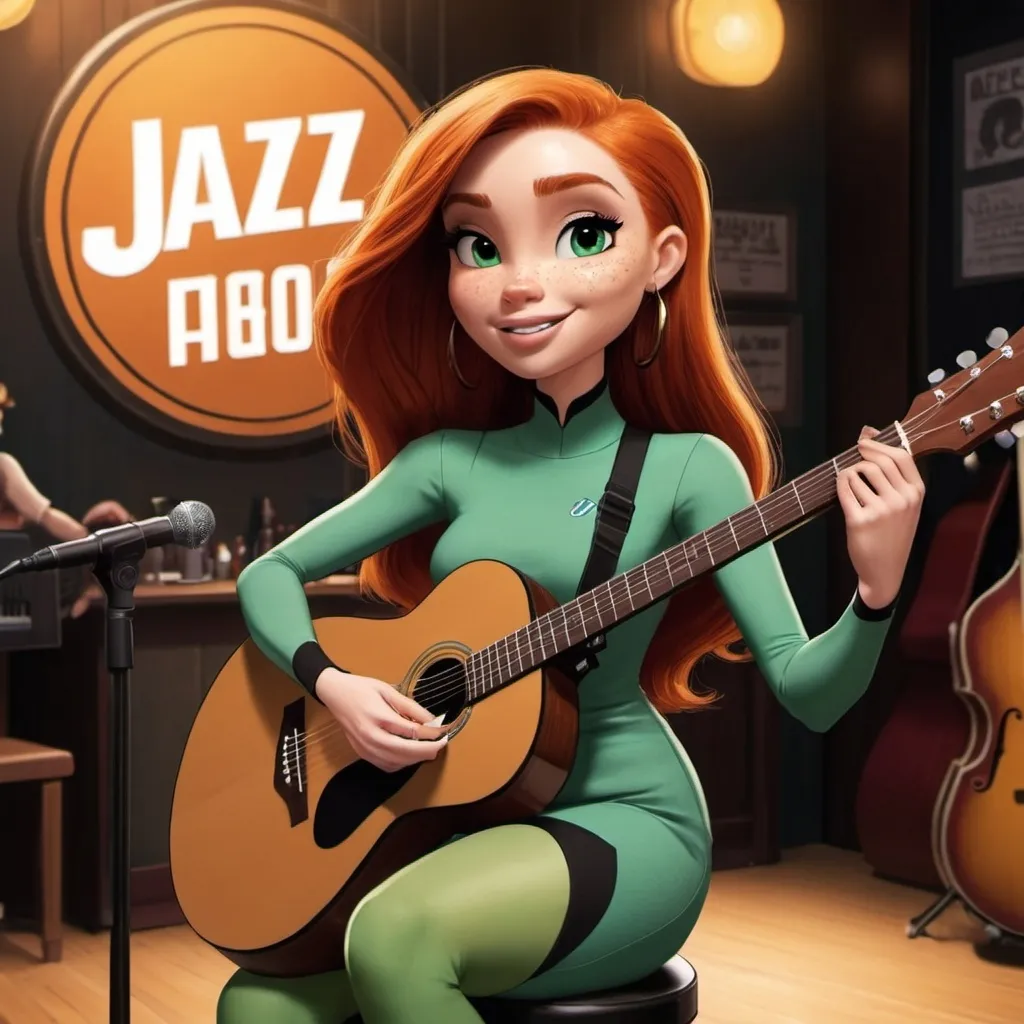 Prompt: (Kim Possible) singing in a jazz club, sitting down, strumming her acoustic guitar, wearing a (sophisticated, thigh-high slit dress),