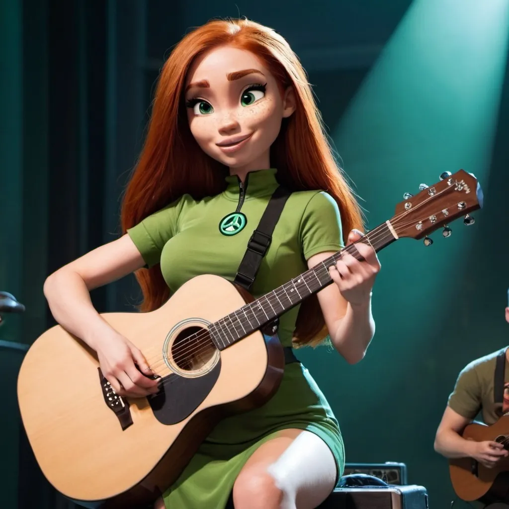 Prompt: Kim Possible singing in concert sitting down strumming her acoustic guitar and wearing a slit to the thigh dress.