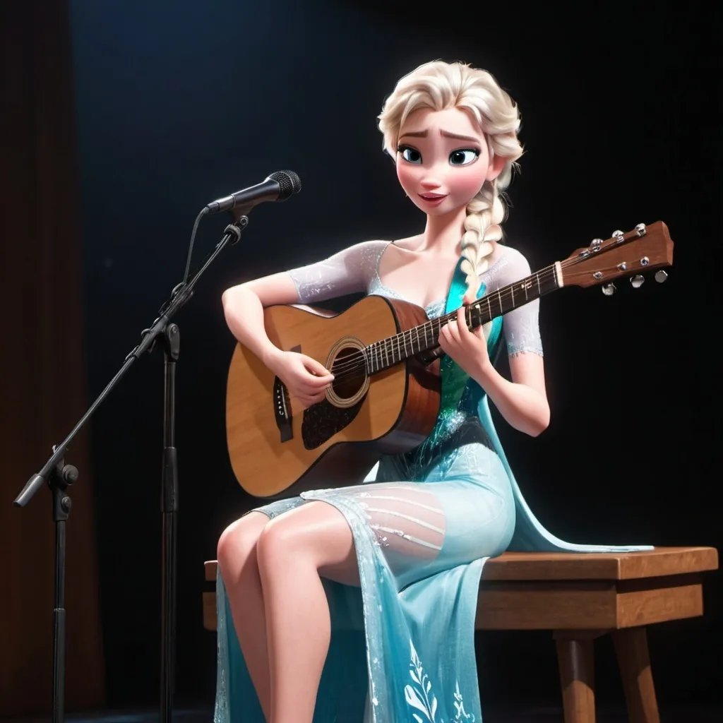 Prompt: Elsa singing in concert sitting down strumming her acoustic guitar and wearing a slit to the thigh dress.