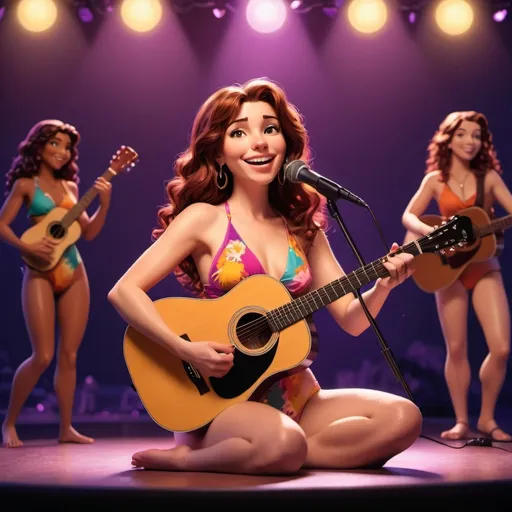 Prompt: Megara (accurately spelled text "Megara"), singing in concert, seated position, wearing a colorful swimsuit, one hand holding a microphone, the other cradling an acoustic guitar, vibrant stage lights illuminating the scene, warm ambiance with a cheerful atmosphere, audience silhouettes in the background, ultra-detailed, high-quality rendering, inviting and whimsical mood.