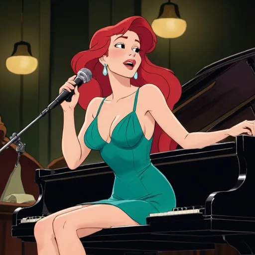 Prompt: Ariel singing as a lounge singer in a jazz club wearing a slit to the thigh and waist dress she is singing while laying on top of piano.