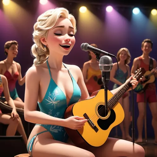 Prompt: Elsa (accurately spelled text "Elsa"), singing in concert, seated position, wearing a colorful swimsuit, one hand holding a microphone, the other cradling an acoustic guitar, vibrant stage lights illuminating the scene, warm ambiance with a cheerful atmosphere, audience silhouettes in the background, ultra-detailed, high-quality rendering, inviting and whimsical mood.