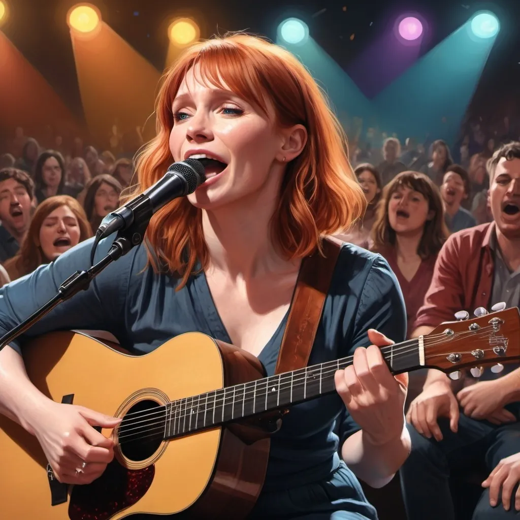 Prompt: (semi-realistic illustration), (Bryce Dallas Howard), singing in concert, playing acoustic guitar, sitting down, messy, juxtaposition of beauty and chaos, emotions of freedom and vulnerability, candid moment, colorful stage lights reflecting, dynamic background crowd energy, 4K and ultra-detailed, striking contrast between music and absurdity.