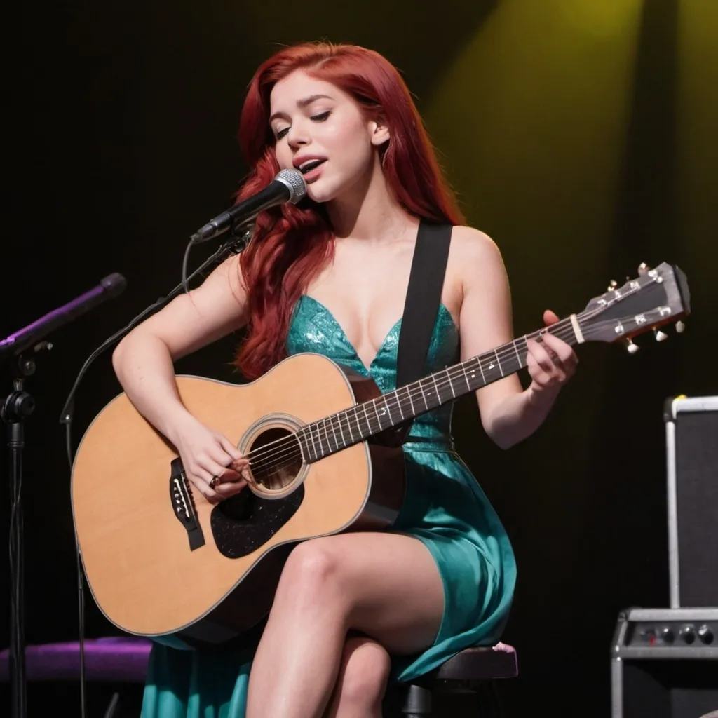 Prompt: Ariel singing in concert sitting down strumming her acoustic guitar and wearing a slit to the thigh dress.