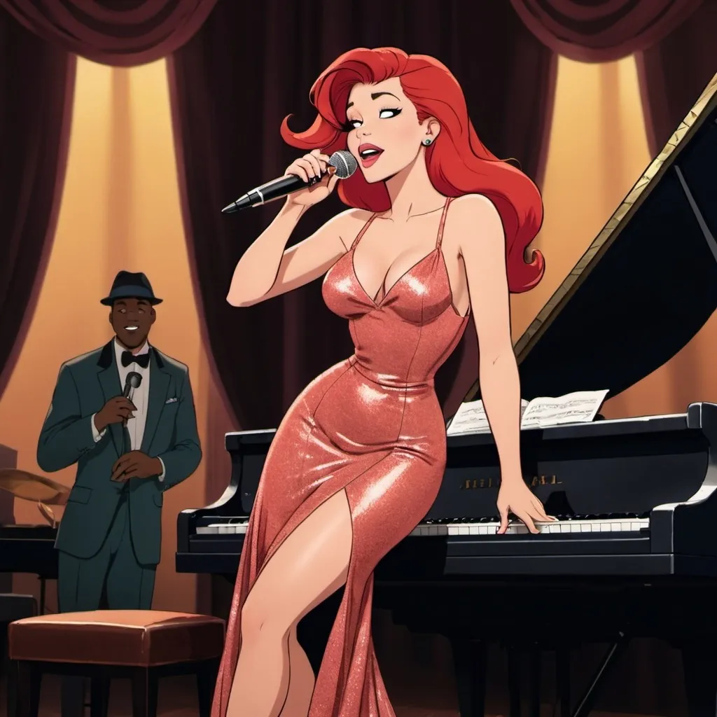 Prompt: Ariel singing as a lounge singer in a jazz club wearing a slit to the thigh and waist dress she is singing while laying on top of piano.