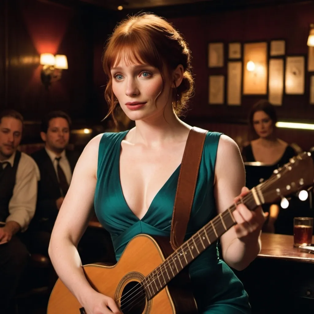 Prompt: (Young Bryce Dallas Howard) singing in a jazz club, sitting down, strumming her acoustic guitar, wearing a (sophisticated, thigh-high slit dress), 