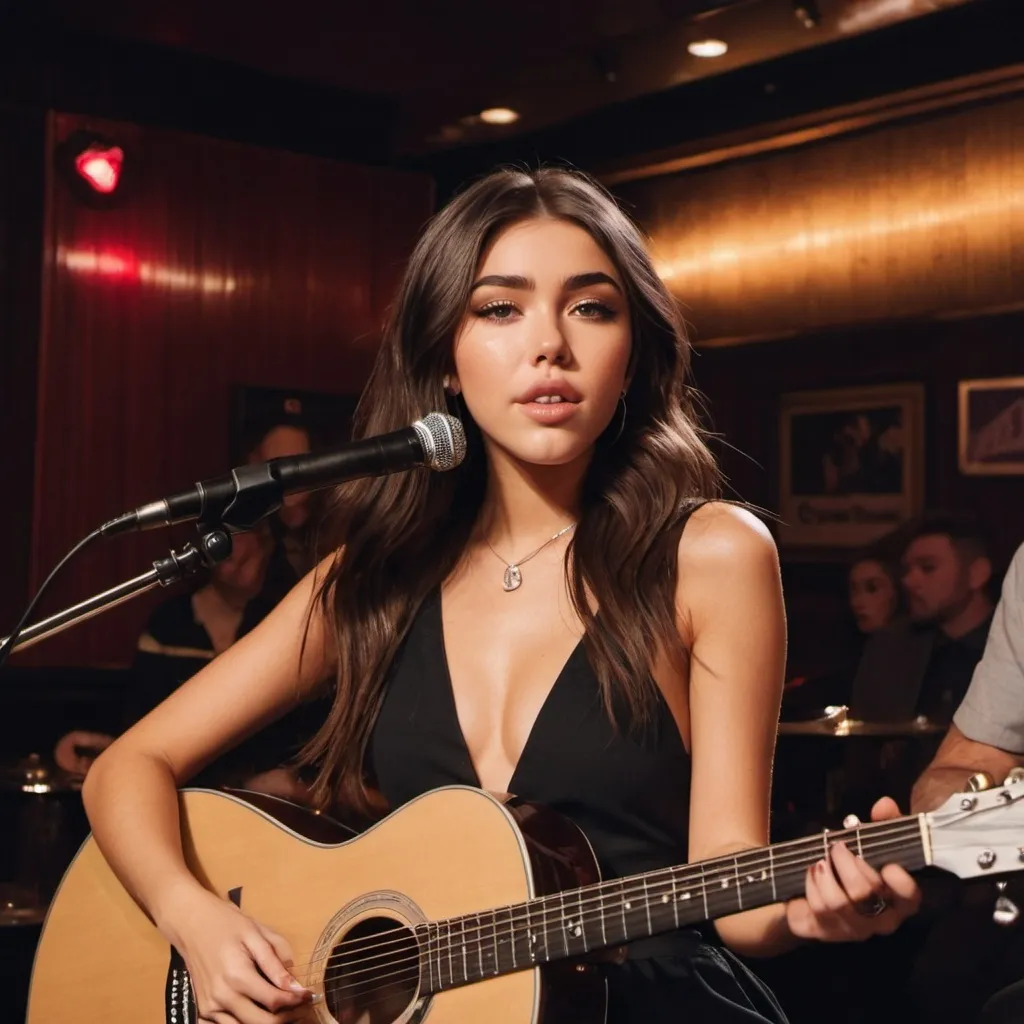 Prompt: (Madison Beer) singing in a jazz club, sitting down, strumming her acoustic guitar, wearing a (sophisticated, thigh-high slit dress), 