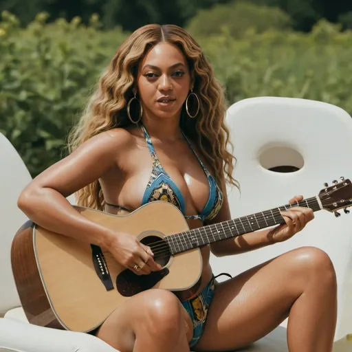 Prompt: Beyonce sitting down strumming her acoustic guitar wearing swimsuit sitting down.