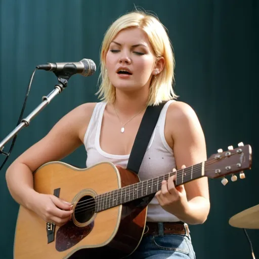 Prompt: Young Elisha Cuthbert singing in concert wearing short shorts and strumming her acoustic guitar sitting down.