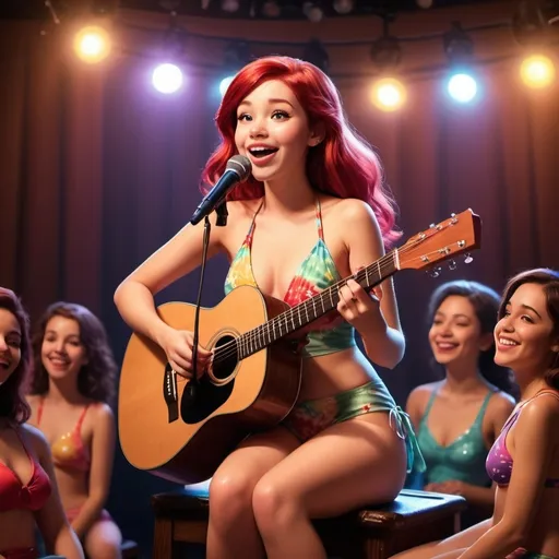 Prompt: Ariel (accurately spelled text "Ariel"), singing in concert, seated position, wearing a colorful swimsuit, one hand holding a microphone, the other cradling an acoustic guitar, vibrant stage lights illuminating the scene, warm ambiance with a cheerful atmosphere, audience silhouettes in the background, ultra-detailed, high-quality rendering, inviting and whimsical mood.